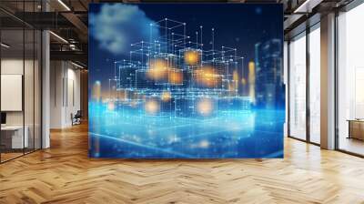 digital informational technology web futuristic hologram with cloud box and cute icon, background ab Wall mural