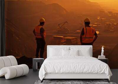 Two mining engineers in hard hats looking at an open pit mine, Two engineer looking at open-pit mine. Wall mural