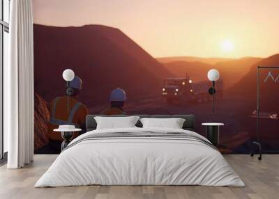 Two mining engineers in hard hats looking at an open pit mine, Two engineer looking at open-pit mine. Wall mural