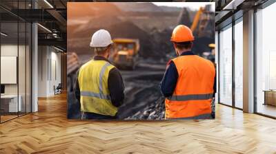 Two mining engineers in hard hats looking at an open pit mine, Two engineer looking at open-pit mine. Wall mural