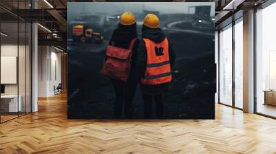 Two mining engineers in hard hats looking at an open pit mine, Two engineer looking at open-pit mine. Wall mural