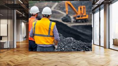 Two mining engineers in hard hats looking at an open pit mine, Two engineer looking at open-pit mine. Wall mural