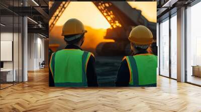 Two mining engineers in hard hats looking at an open pit mine, Two engineer looking at open-pit mine. Wall mural