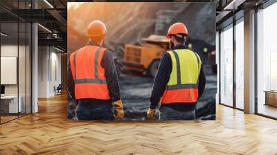 Two mining engineers in hard hats looking at an open pit mine, Two engineer looking at open-pit mine. Wall mural