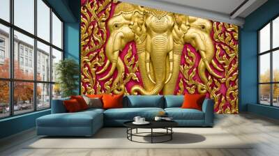 elephant carved gold paint on church door Wall mural