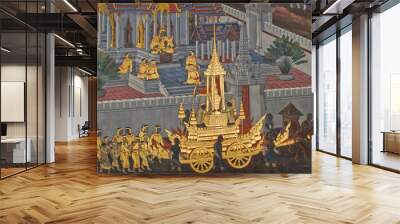 Masterpiece of traditional Thai style painting art  on temple wa Wall mural