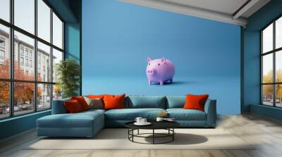 Piggy bank of pigs viewing fountain placed on a blue background. Money saving concept 3d rendering Wall mural