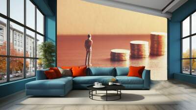 Miniature people looking future with stack coin about financial and money savings concept. Wall mural