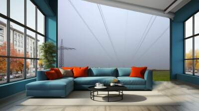 power cable in mystic morning foggy sky, electricity wire Wall mural