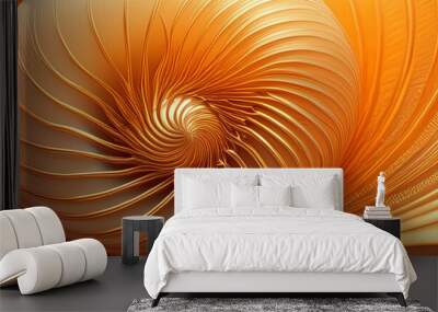 Gold gelb leuchtende Linien Spiralen Kreise glitzernde Perlen an einer Kette, Form von Nautilus Schnecken Muscheln, warmes Licht der goldenen Stunde fraktale Muster Vorlage Hintergründe edles Design Wall mural