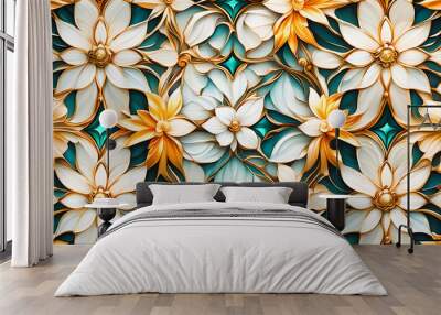 Hintergrund und Vorlage floraler Muster gleichmäßiger Struktur aus Blättern und Blüten glänzend wie buntes Bleiglas Glas mit Gold Einfasung 3D Ornament zur Gestaltung frischer Frühling Sommer Grüße Wall mural