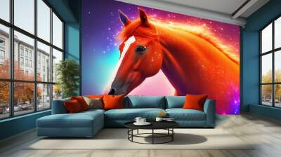 wild galoppierendes Pferd mit wehender Mähne orange glühend vor einem Universum aus Sternen und Galaxien im Hintergrund Wall mural