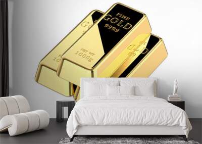 3D rendering illustration of three gold bars with black reflection. Stack of gold bullions isolated on white background Wall mural