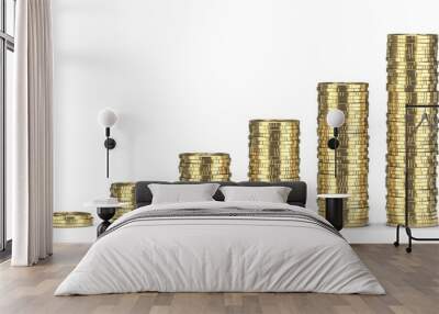 Golden coins stacks. It symbolizes the grooving profit. 3D render, isolated on white background Wall mural