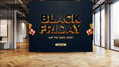 Black Friday sale banner template with 3d text and gold gift box on dark background Wall mural