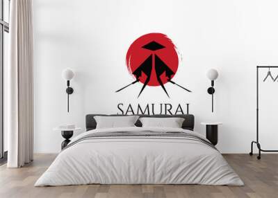 Samurai Illustration Holding Two Swords and Wearing a Traditional Hat. Japanese Warrior Silhouette Logo with Red Moon Behind Wall mural