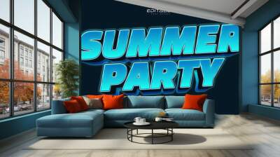 Summer Party Text in Bold Blue Style with 3D and Neon Effect. Editable Text Style Effect Wall mural