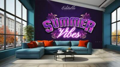 Summer Vibes Text in Purple Retro Style with Neon and 3D Effect. Editable Retro Text Style Effect Wall mural