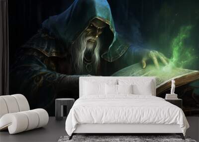 A cloaked sorcerer summoning spectral creatures from a haunted tome. Digital concept, illustration painting. Wall mural