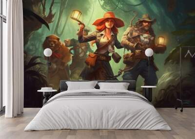 A daring pirate captain and her crew of swashbuckling monkeys on a mission to find a legendary treasure hidden on a mysterious island. Fantasy concept , Illustration painting. Generative AI Wall mural