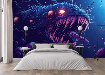 A dark fantasy cartoon illustration of an angry, giant deep sea creature with glowing eyes and sharp teeth Wall mural