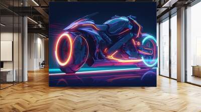 A futuristic motorcycle with a neon trail. Fantasy concept , Illustration painting. Generative AI Wall mural