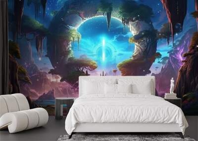 A futuristic world with magical portals. Fantasy concept , Illustration painting. Generative AI Wall mural