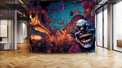 A horror scene set in a creepy carnival with clowns and a funhouse of horrors. Fantasy concept , Illustration painting. Generative AI Wall mural