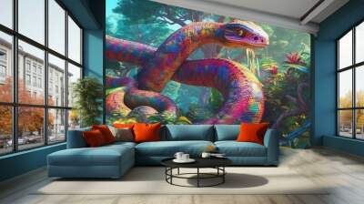 A rainbow serpent coiled around a tree in a tropical rainforest. Fantasy concept , Illustration painting. Wall mural