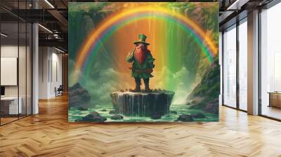 A rainbow waterfall with a leprechaun guarding a pot of gold. Fantasy concept , Illustration painting. Wall mural