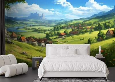 A scenic countryside with rolling hills and a quaint village in the distance. Fantasy concept , Illustration painting. Generative AI Wall mural