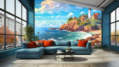 A scenic seaside town with a lighthouse and a rocky coastline. Fantasy concept , Illustration painting. Generative AI Wall mural