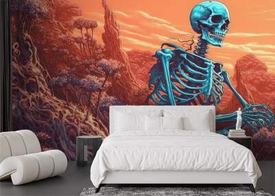 A skeleton warrior rising from its grave. Fantasy concept , Illustration painting. Wall mural