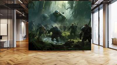 A squad of orc soldiers fighting in a high-tech jungle warzone. Fantasy concept , Illustration painting. Wall mural