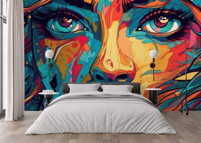 Abstract digital art with a colorful face of a woman . Fantasy concept , Illustration painting. Wall mural