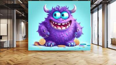 adorable cartoon monster with gold coins. Fantasy concept , Illustration painting. Generative AI Wall mural