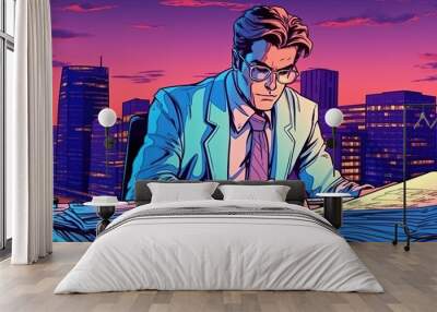 Businessman working late . Fantasy concept , Illustration painting. Wall mural