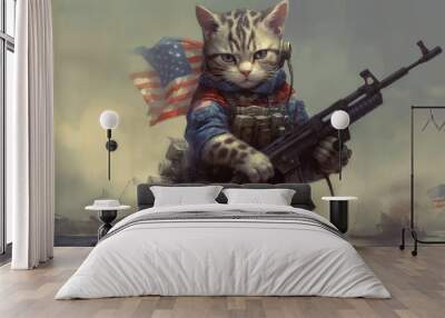 Cartoon cat soldier with a gun in his hands on the background of the American flag. . Fantasy concept , Illustration painting. Wall mural