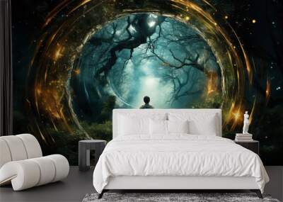 man is walking through a portal through a forest. Digital concept, illustration painting. Wall mural