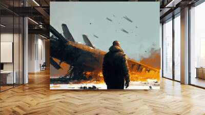 Man observing wreckage of destroyed planes in the snow. Fantasy concept , Illustration painting. Generative AI Wall mural