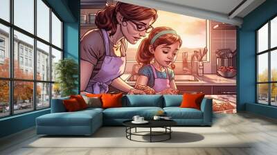 Mother and daughter baking cookies in a kitchen. Fantasy concept , Illustration painting. Wall mural