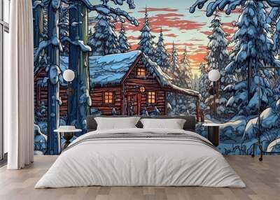 Scandinavian log cabin in a winter forest. Fantasy concept , Illustration painting. Wall mural