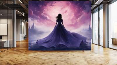 Silhouette of a princess in a chic dress against a background of castles. Digital concept, illustration painting. Wall mural