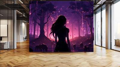 The silhouette of a girl in a mysterious forest Wall mural