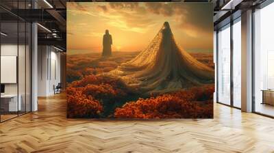 Surreal scene with two mysterious figures in flowing robes standing in a beautiful field of flowers, bathed in warm sunset light. Wall mural