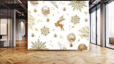 Gold christmas decoration on white background, flat lay, top view Wall mural