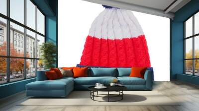 three-color knitted hat (white, red, blue) on a white background Wall mural