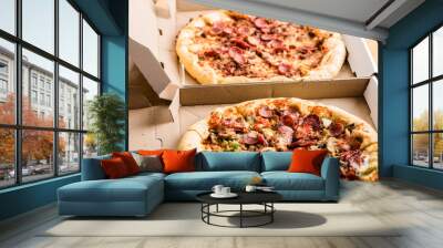 Homemade pepperoni pizza in carton box Wall mural