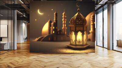 Arabic lantern with burning candle and bokeh lights in background ramadan. Generative Ai Wall mural