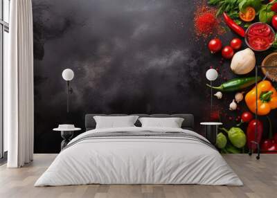 Vegetables set and spices for cooking on dark background Wall mural